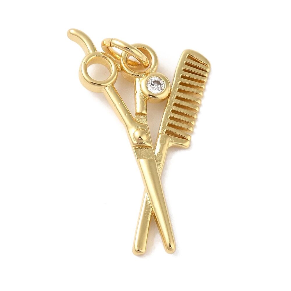 8318 10pcs Scissor and Comb & Cubic Zirconia Brass Charms 18K Gold Plated